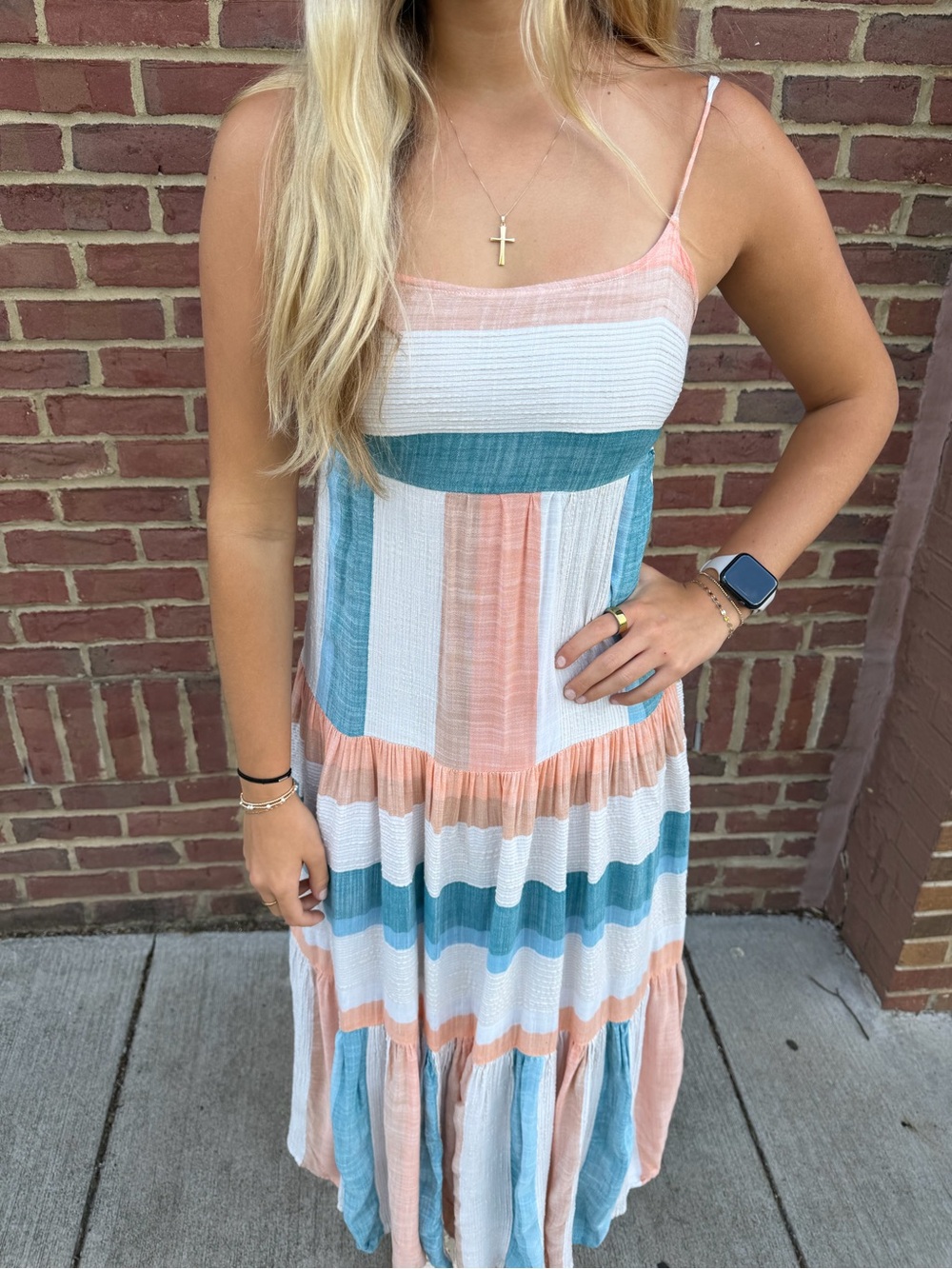 l*space Peach, Teal & White Striped Spaghetti‑Strap Maxi Dress